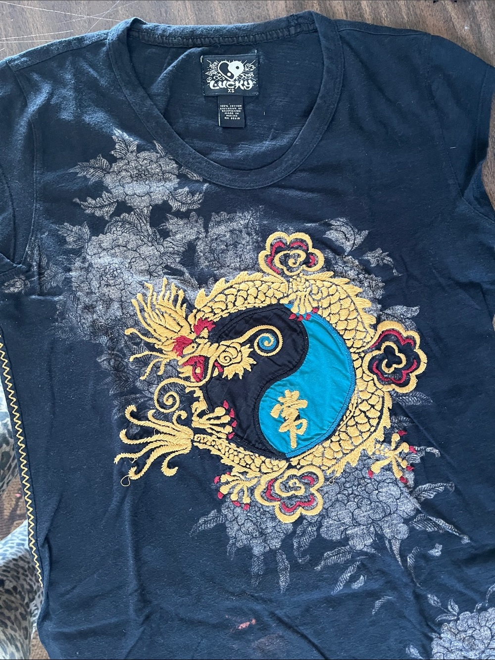 Lucky Brand Black Tee with Gold Dragon and Turquoise Yin-Yang